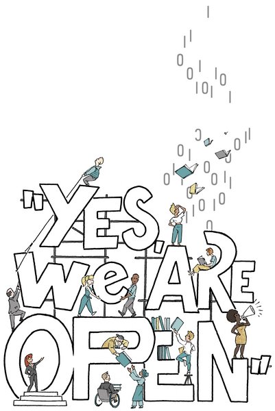 Illustration mit Text "Yes, we are open", umgeben von Menschen, Büchern und Daten, symbolisiert TIB-Engagement für Offenheit.