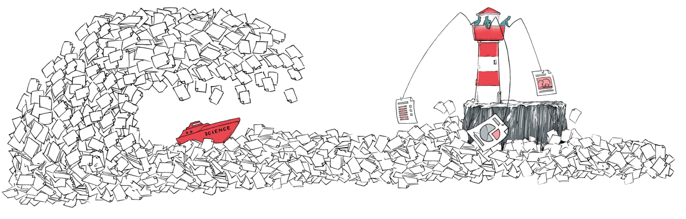 Welle aus Dokumenten bedroht ein "Science"-Boot. Leuchtturm als Orientierung in der Informationsflut symbolisiert „ORKG Ask“.